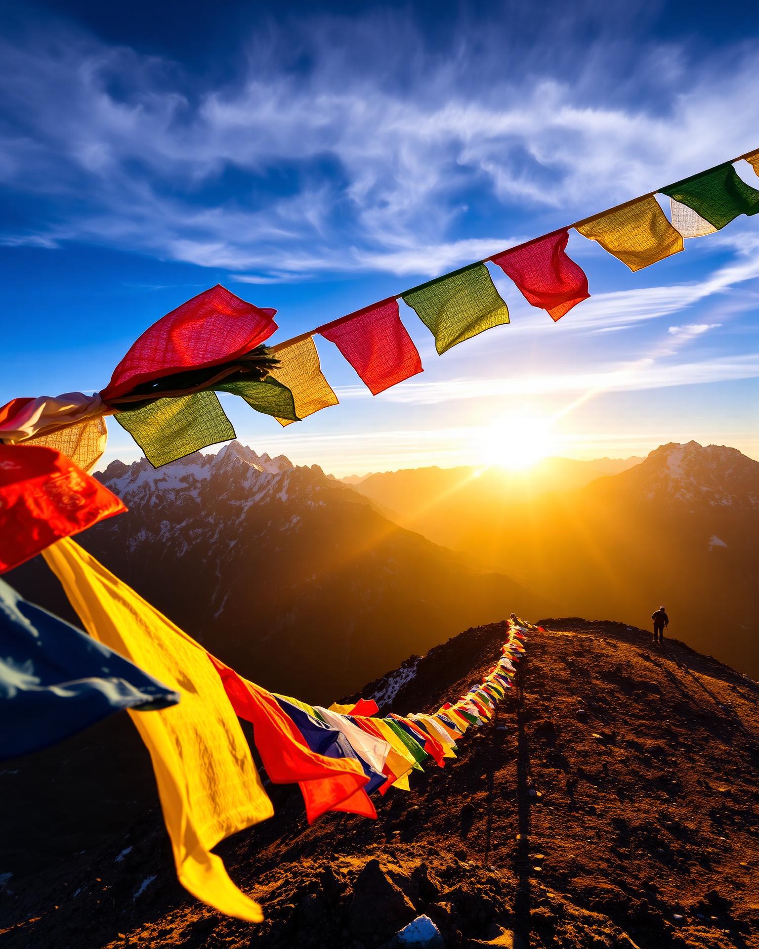 A long string of colourful Tibetan Buddhist prayer flags whipping in the wind across a high Himalayan pass at sunrise, snow-covered peaks behind