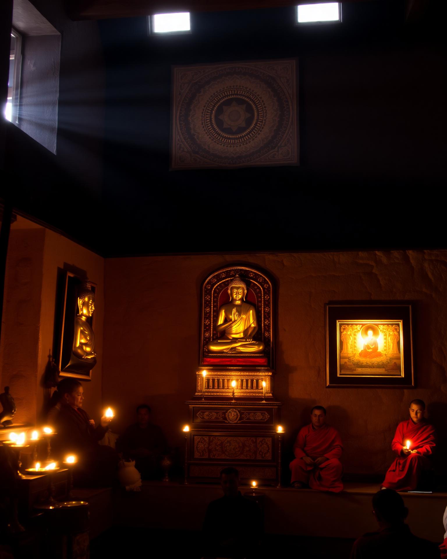 Interior of an ancient Tibetan Buddhist monastery — gilt Buddha lit by butter lamps, faded fresco mandala on the wall, red-robed monks in meditation