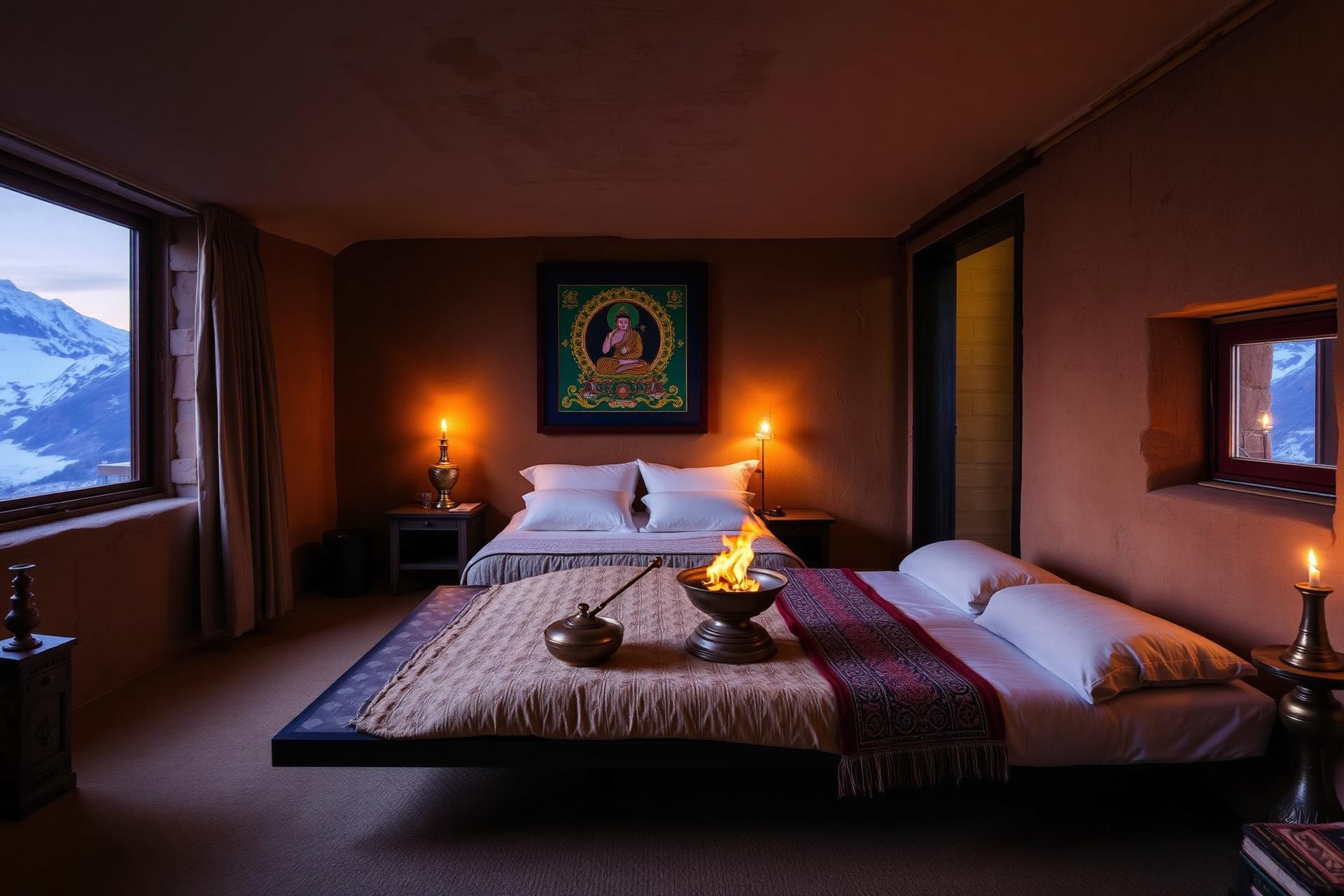 Himalayan suite with rammed-earth walls, a low platform bed in yak-wool and brocade, a hand-painted thangka, brass butter lamps and a window onto snow peaks at dusk