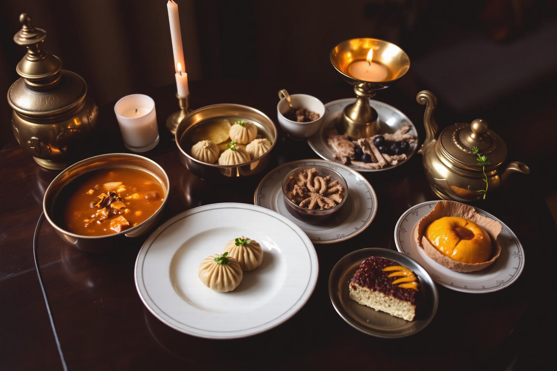 A Nepali-Tibetan tasting table of momo dumplings, thukpa noodle soup, tsampa, a brass butter-tea churn and a baked Mustang apple tart by candlelight