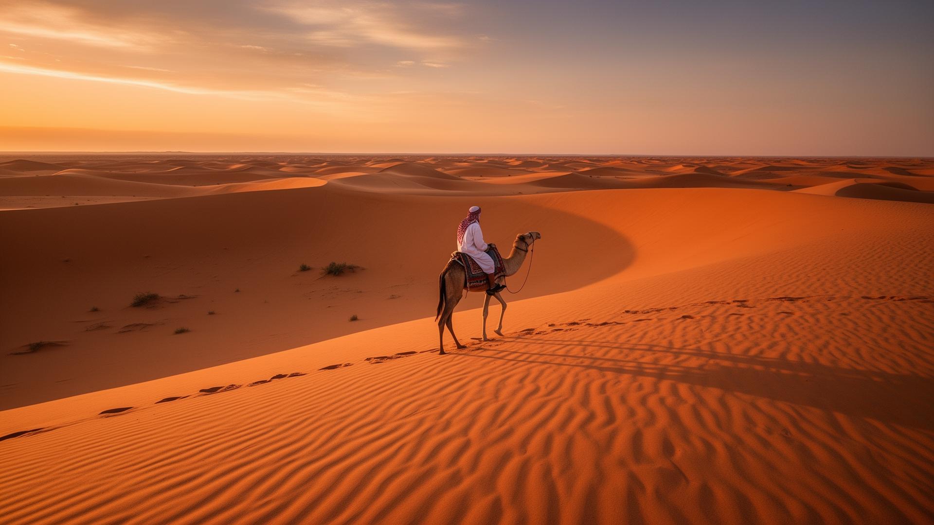 A lone Bedouin guide with a single camel walking across the towering apricot-coloured dunes of the Empty Quarter at sunset, long shadows on the sand