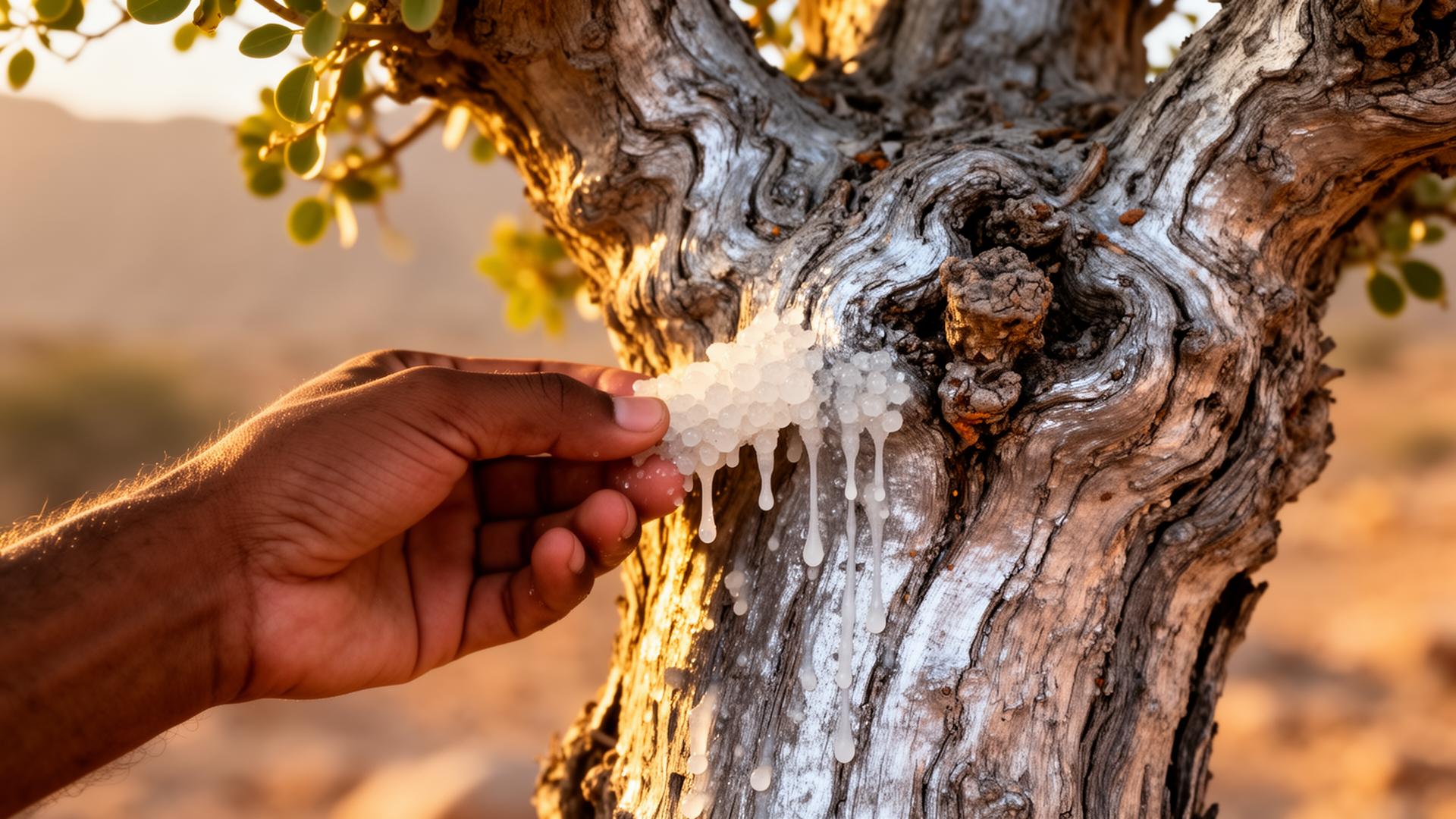 A close intimate photograph of a hand harvesting milky frankincense resin from the gnarled silver trunk of a Boswellia sacra tree in southern Oman, golden afternoon light