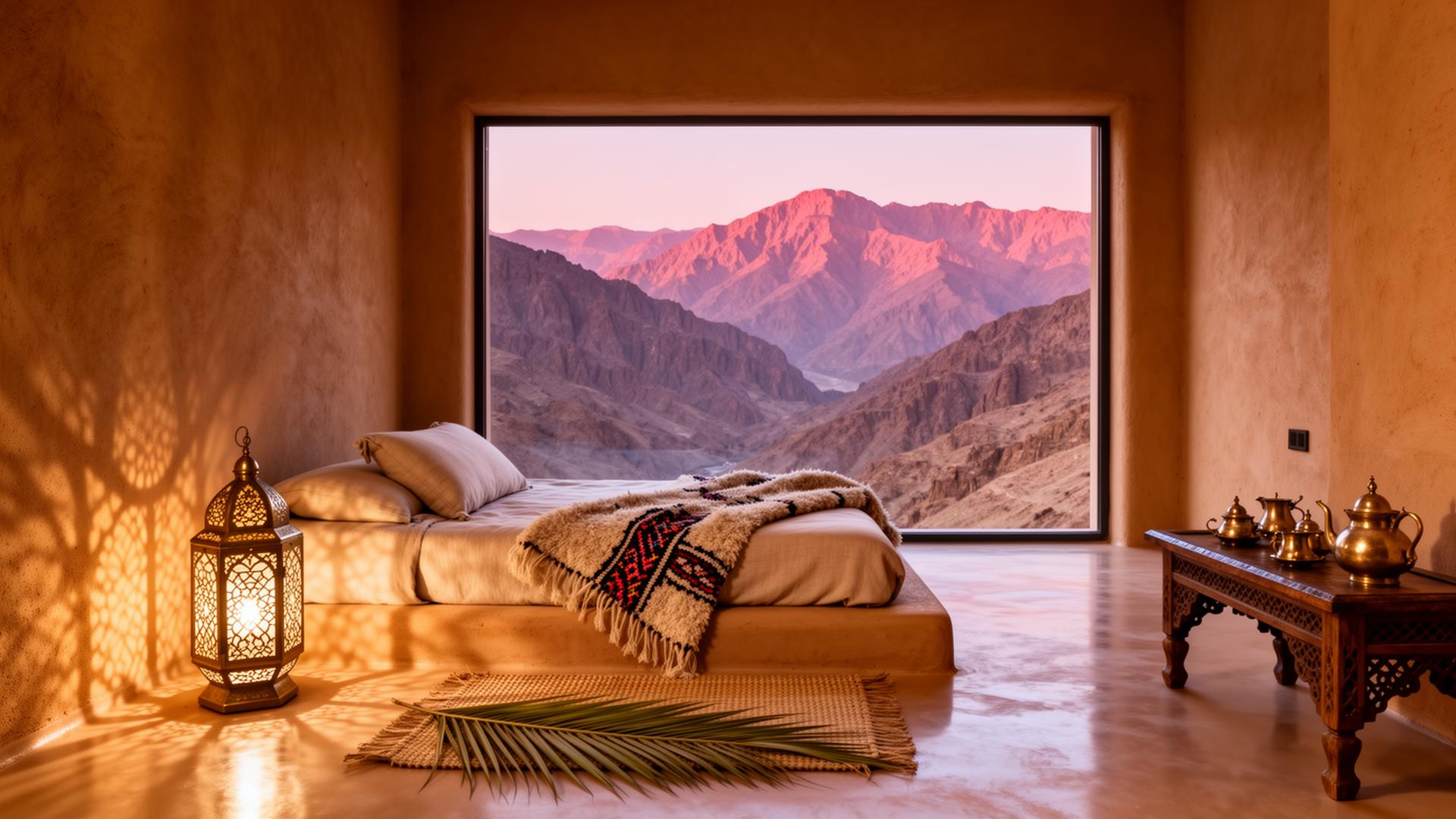 An Omani mountain suite at dusk — honey-coloured rammed-earth walls, a low platform bed in undyed linen and a Bedouin throw, brass arabesque lantern casting filigreed shadow, a huge window onto the Al Hajar mountains turning rose, brass coffee dallah on a carved sidul-wood table