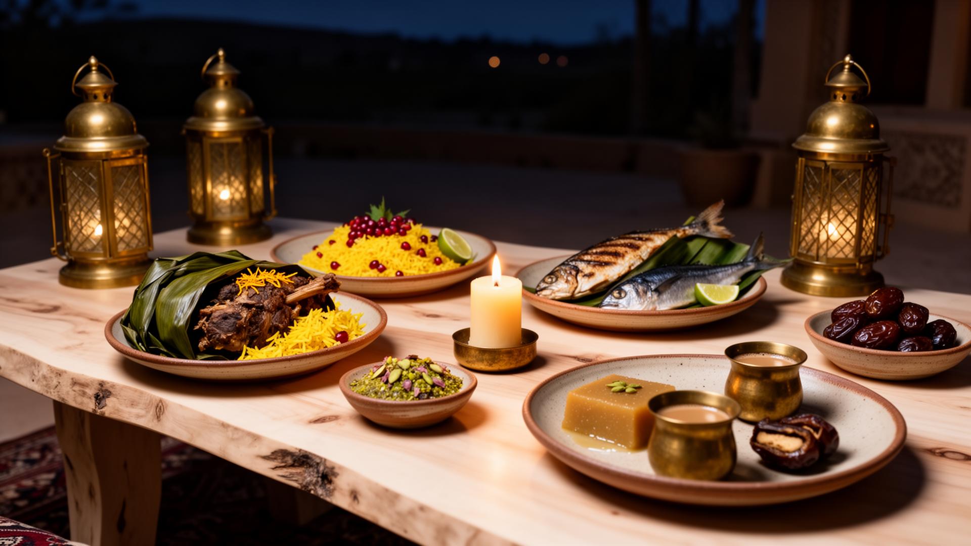 An intimate Omani dining table by lantern-light — shuwa lamb wrapped in banana leaf, saffron majboos rice with pomegranate, grilled hammour with lime, sweet halwa with rosewater and pistachio, dates, brass cups of cardamom kahwa coffee, earthenware plates and a single beeswax candle