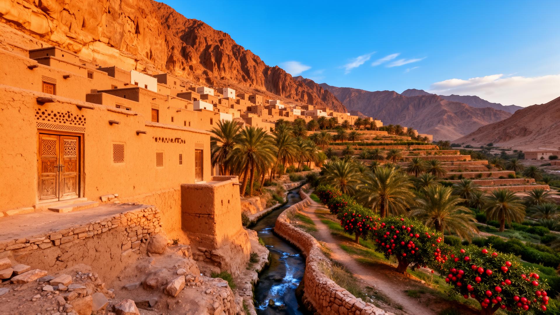 An ancient honey-stone Omani mountain village clinging to a cliffside in the Al Hajar mountains at golden hour, with terraced date palm and pomegranate groves descending the slope and falaj water channels glinting