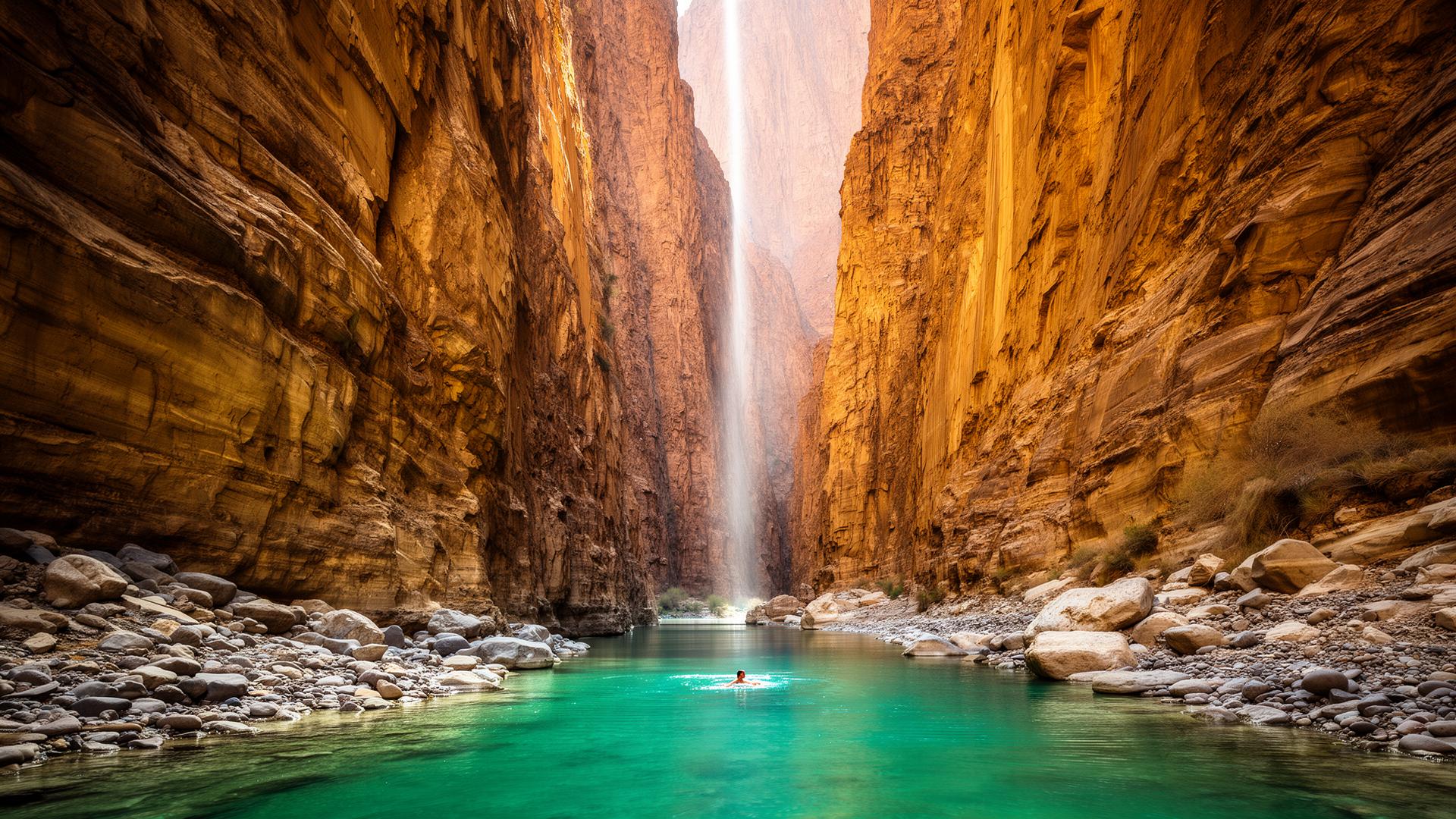 A turquoise natural wadi pool at the bottom of a deep narrow limestone canyon in Oman's Hajar mountains, with vertical golden cliffs and a shaft of sunlight reaching the water