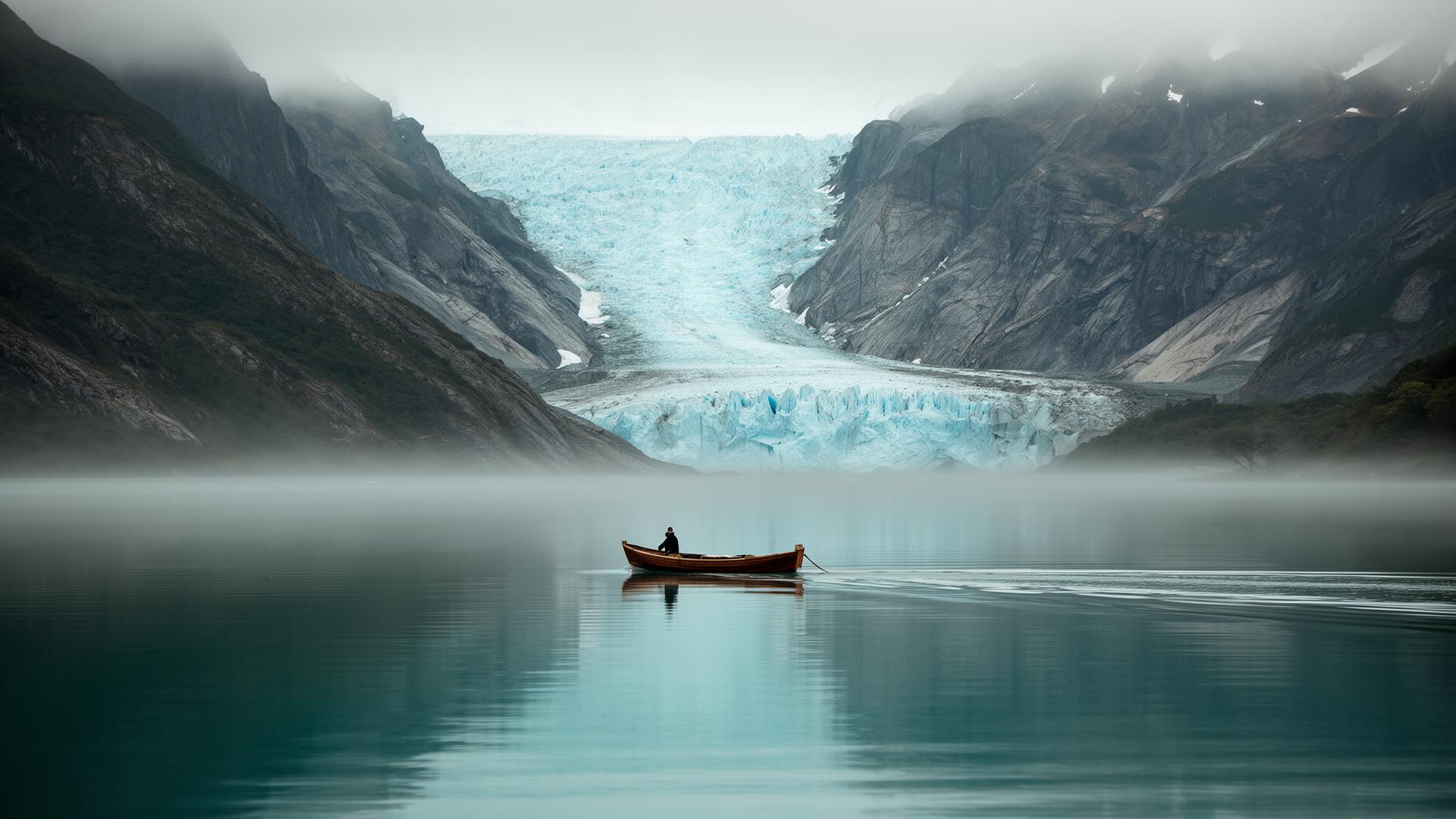 A small wooden skiff with a single figure crossing a mirror-still glacial fjord toward a blue hanging glacier under low Patagonian mist
