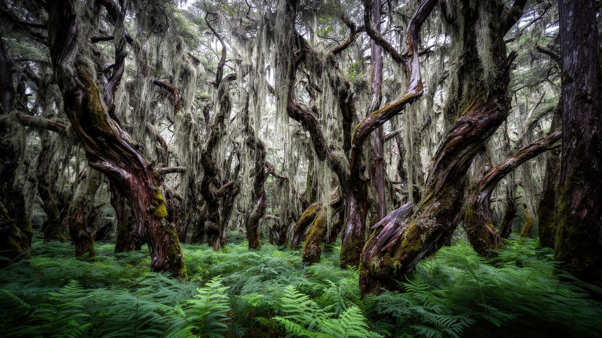 Ancient mossy lenga and coihue forest with gnarled trunks draped in old-man's-beard lichen and a deep green understorey of ferns, soft cool light filtering through the canopy