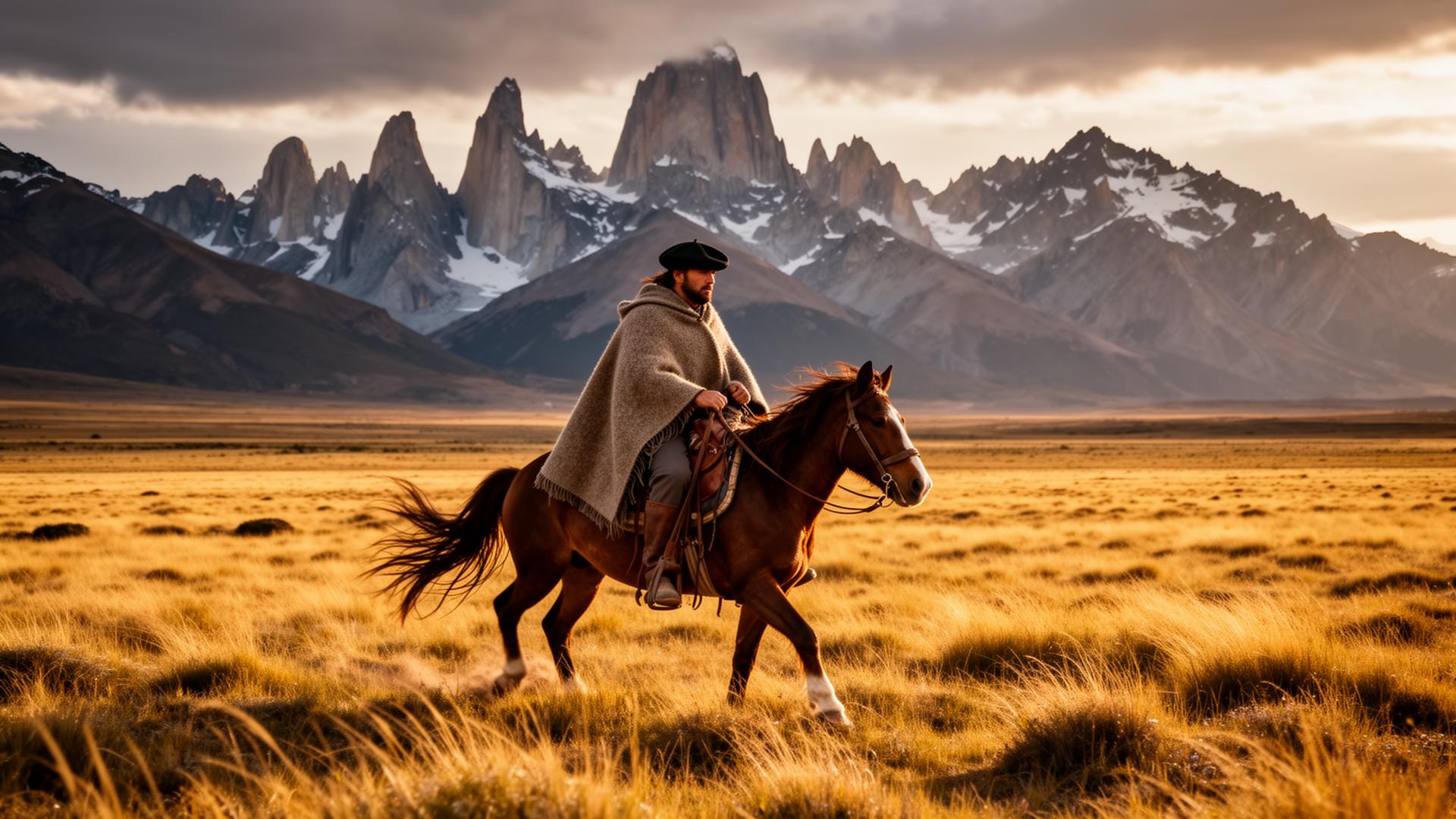 A baqueano gaucho in wool poncho and beret riding a Criollo horse across the golden Patagonian steppe with jagged granite peaks behind in dramatic afternoon light