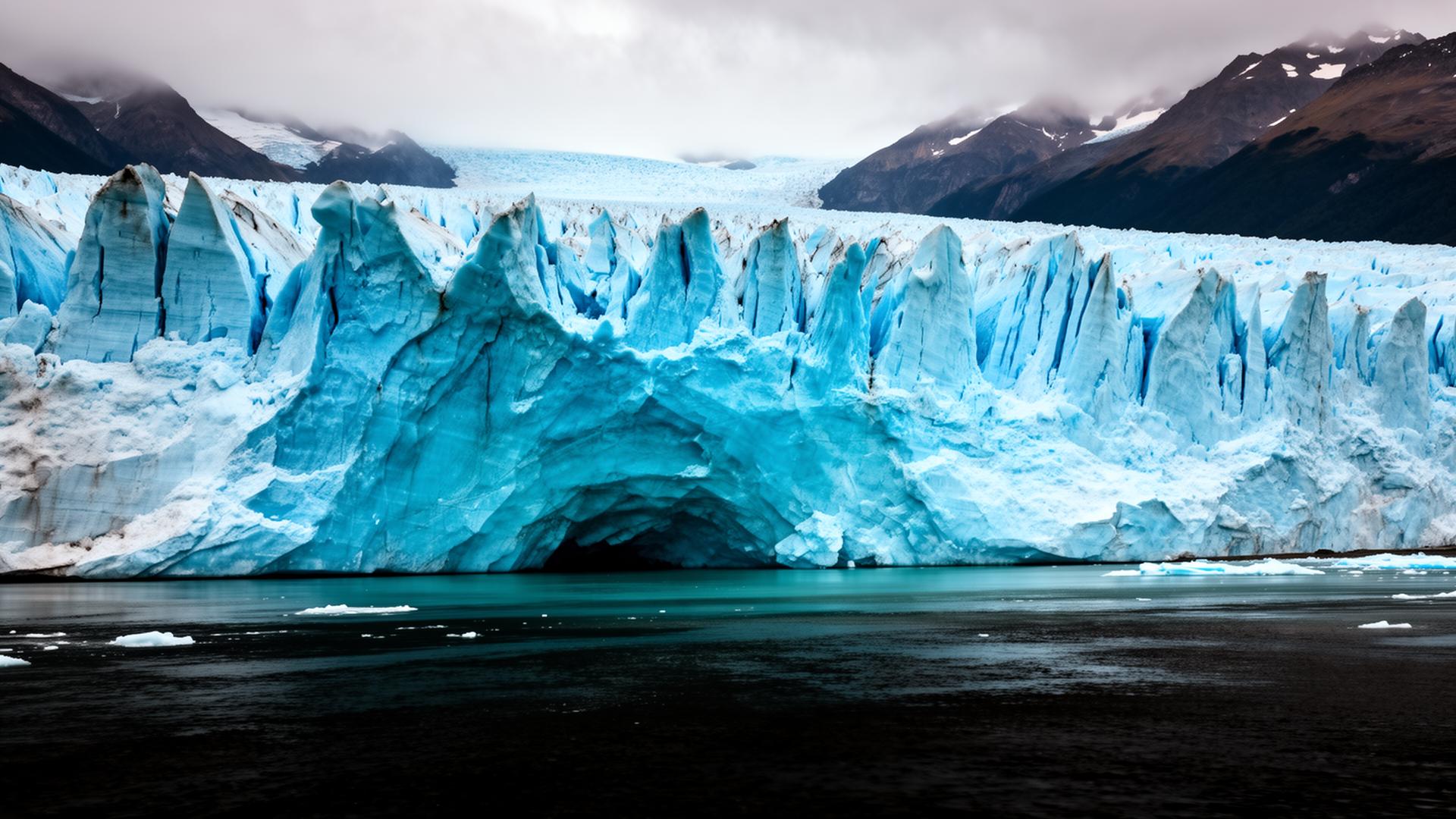 The luminous turquoise calving face of a Patagonian tidewater glacier meeting black fjord water under heavy grey sky