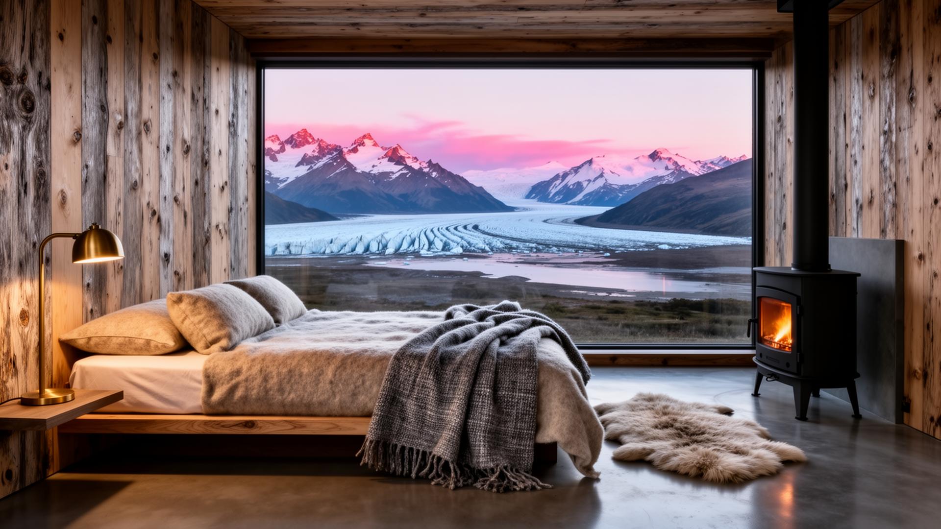A weathered-larch suite interior at dusk — platform bed in undyed wool, cast-iron wood stove glowing, sheepskin on concrete floor, picture window onto a glacial fjord and snow-capped Andes turning pink