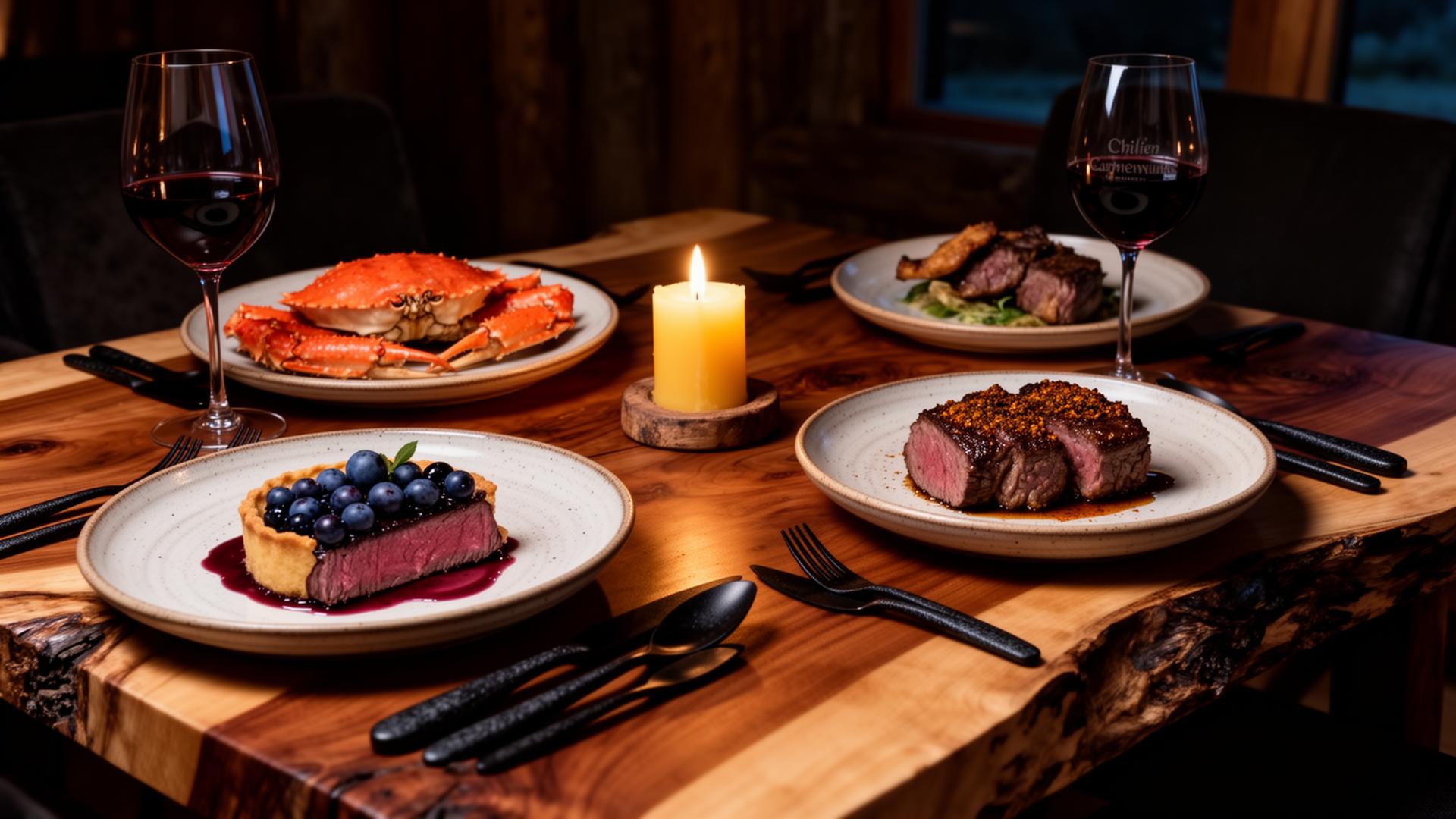An intimate Patagonian dining table on a lenga-wood slab — king crab from the Magellan strait, lamb cooked over open fire, merken-rubbed beef, native calafate berry tart, hand-thrown ceramic plates, a glass of Chilean carmenère and a single beeswax candle