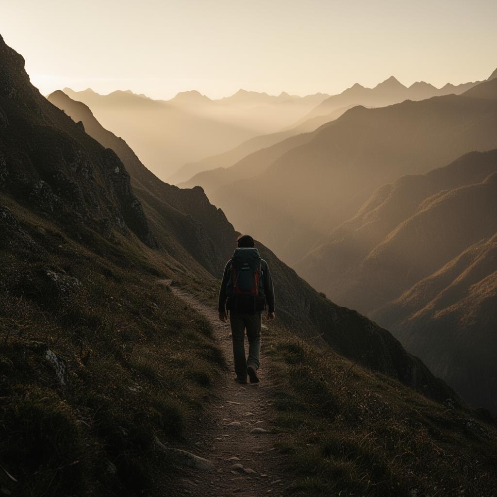 A solitary figure on a mountain trail at golden hour