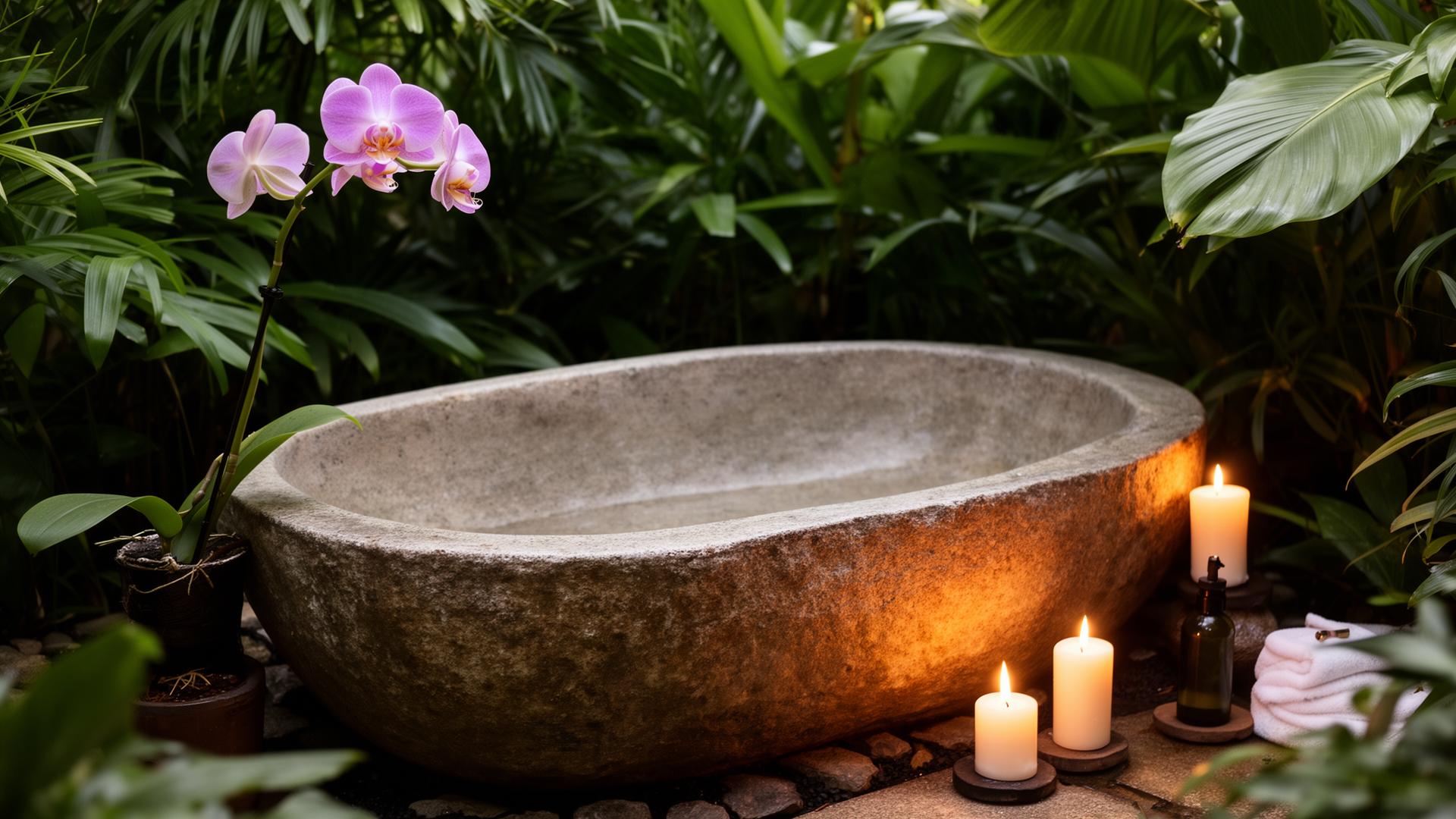 Stone bath with orchid and candlelight