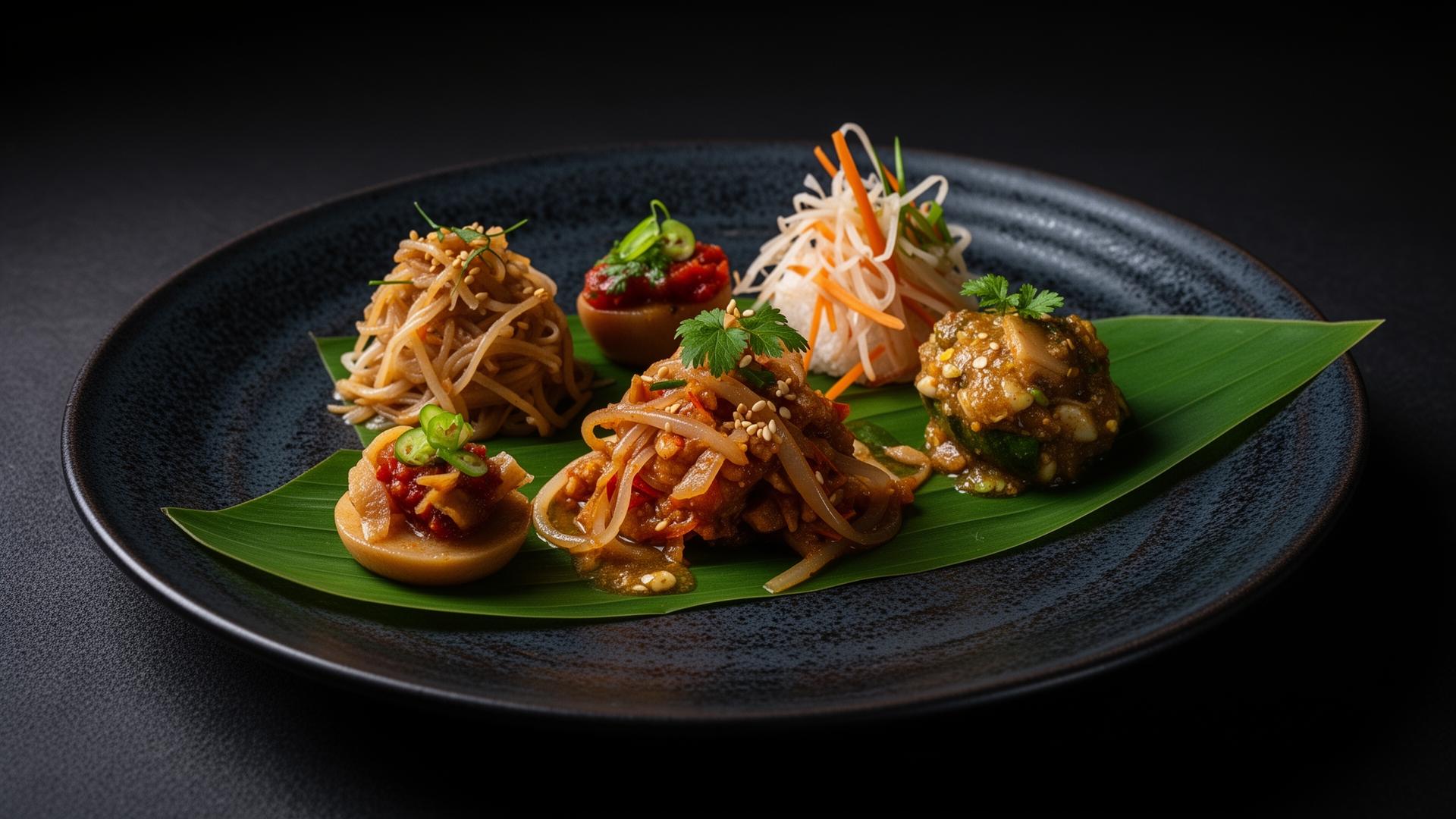 Tasting course of Thai dishes on dark ceramic